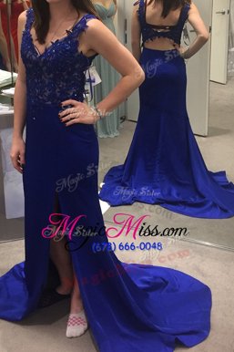 Adorable V-neck Sleeveless Prom Dress Sweep Train Beading and Appliques Royal Blue Satin