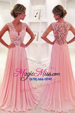 Fantastic Pink V-neck Neckline Lace Evening Dress Sleeveless Side Zipper