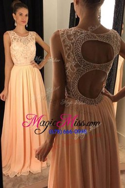 Amazing Floor Length Peach Prom Gown Scoop Sleeveless Backless