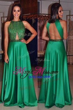 Elegant Scoop Green Sleeveless Beading Floor Length Prom Dresses