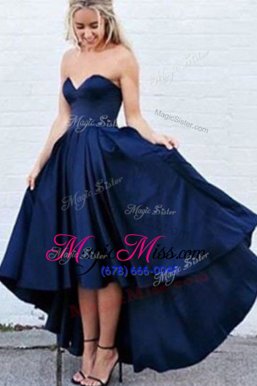 Cute Navy Blue A-line Sweetheart Sleeveless Satin Asymmetrical Zipper Pleated Homecoming Gowns
