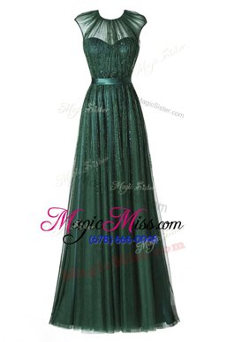 Fancy Scoop Cap Sleeves Floor Length Beading and Pleated Zipper Dress for Prom with Dark Green