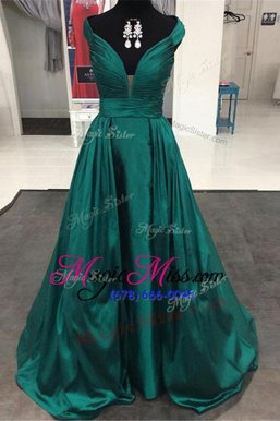 Smart Off the Shoulder Sleeveless Pleated Zipper Going Out Dresses with Teal Sweep Train