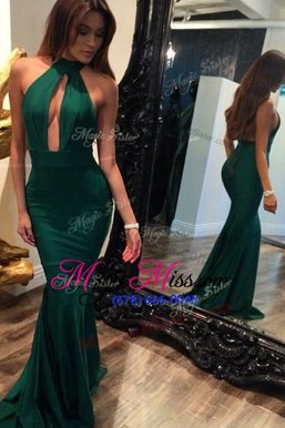 Traditional Halter Top Green Mermaid Ruching Prom Evening Gown Backless Elastic Woven Satin Sleeveless