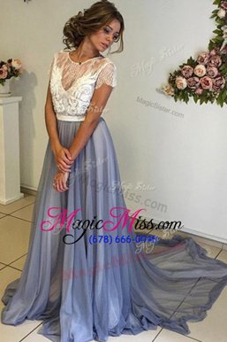 Inexpensive Blue A-line Scoop Cap Sleeves Chiffon Court Train Backless Lace and Bowknot Prom Evening Gown