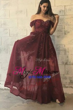 Dazzling Off the Shoulder Floor Length Burgundy Dress for Prom Tulle Short Sleeves Appliques