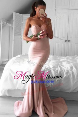Free and Easy Mermaid Pink Evening Dress Elastic Woven Satin Sweep Train Sleeveless Lace