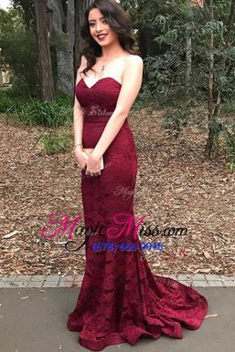 Simple Mermaid Lace Sweetheart Sleeveless Sweep Train Lace Up Lace Dress for Prom in Burgundy