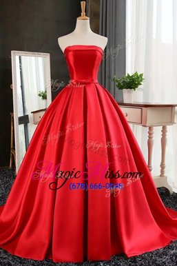 High Quality Pleated Ball Gowns Sleeveless Red Prom Dress Sweep Train Lace Up