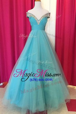 Luxury Off The Shoulder Sleeveless Backless Prom Party Dress Blue Tulle