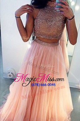 Traditional Peach Sleeveless Tulle Sweep Train Side Zipper Prom Evening Gown for Prom