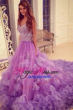 Sophisticated Beading and Hand Made Flower Prom Gown Purple Backless Sleeveless With Train Court Train