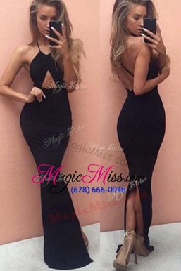 Glamorous Mermaid Floor Length Black Red Carpet Prom Dress Halter Top Sleeveless Backless