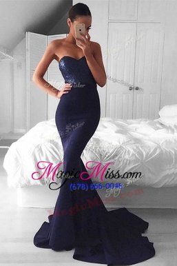 Suitable Mermaid Sequins Navy Blue Sleeveless Elastic Woven Satin Sweep Train Zipper Evening Dress for Prom and Party