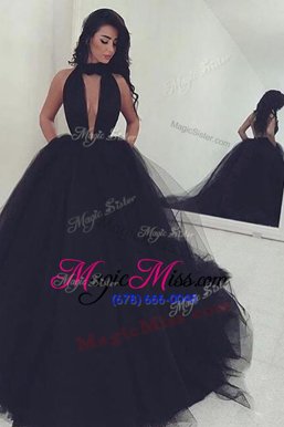 Stunning Black Tulle Backless High-neck Sleeveless With Train Juniors Evening Dress Sweep Train Ruching