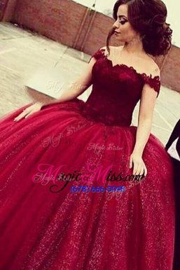 Fine Wine Red A-line Off The Shoulder Short Sleeves Sequined Floor Length Zipper Lace Military Ball Dresses For Women