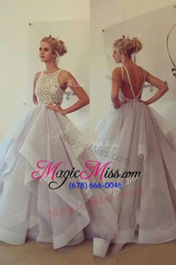 Customized Scoop Champagne Backless Prom Gown Lace Sleeveless With Train Sweep Train