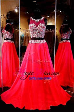 Admirable Red Chiffon Backless Scoop Sleeveless With Train Prom Party Dress Sweep Train Beading