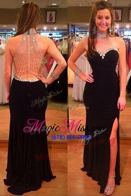 Beautiful Halter Top Black Column/Sheath Beading Prom Dress Zipper Satin Sleeveless Floor Length
