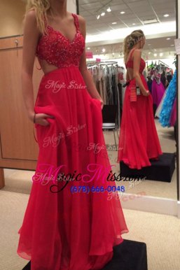 Red Backless V-neck Beading Prom Dress Chiffon Sleeveless