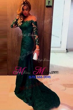 Flare Mermaid Off The Shoulder Long Sleeves Lace Dress for Prom Lace Sweep Train Zipper