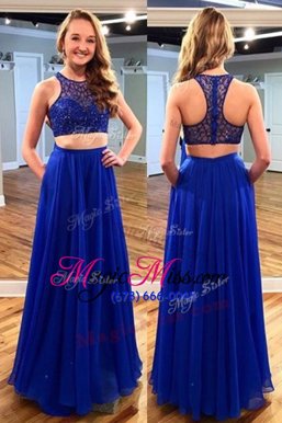 Clearance Scoop Sleeveless Dress for Prom Floor Length Beading Royal Blue Tulle