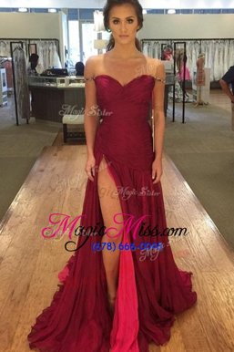 Delicate Off the Shoulder Zipper Red Carpet Gowns Burgundy and In for Prom and Party with Beading and Pleated Sweep Train