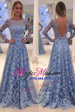 Dynamic Scoop Blue Prom Dresses Lace Sweep Train Long Sleeves Lace
