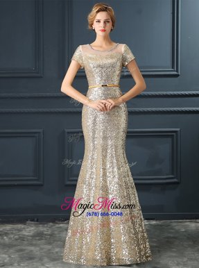 High Quality Mermaid Scoop Short Sleeves Satin Prom Dresses Sequins and Belt Zipper