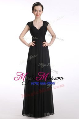 Adorable Black Chiffon Zipper V-neck Cap Sleeves Floor Length Evening Dress Lace