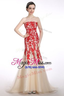 Wonderful Mermaid Red Tulle Lace Up Strapless Sleeveless Brush Train Appliques