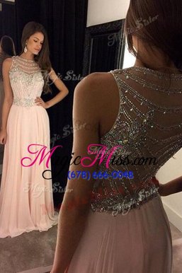 Fantastic Scoop Sleeveless Prom Evening Gown Sweep Train Beading Pink Chiffon