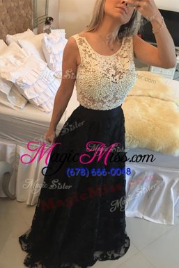 Enchanting Scoop Sleeveless Side Zipper Prom Gown White And Black Lace