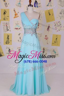 Artistic One Shoulder Aqua Blue Sleeveless Chiffon Brush Train Side Zipper Prom Dresses for Prom and Party