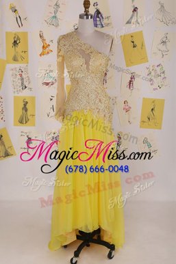 Top Selling One Shoulder Yellow Sleeveless High Low Appliques Side Zipper