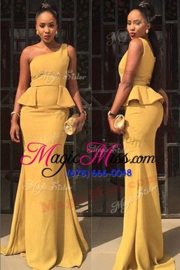 Fancy Mermaid One Shoulder Floor Length Zipper Yellow and In for Prom and Party with Ruching