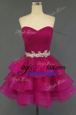 Traditional Hot Pink Sleeveless Beading Mini Length Evening Dress