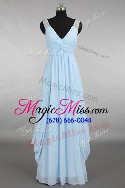 Graceful Light Blue Chiffon Zipper Prom Dresses Sleeveless Floor Length Beading