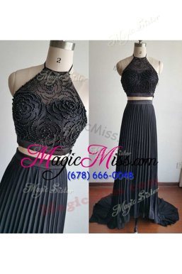 Edgy Halter Top With Train Zipper Prom Dresses Black and In for Prom and Party with Beading Court Train