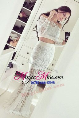 Enchanting White Mermaid Off The Shoulder Long Sleeves Lace Floor Length Zipper Lace Dress for Prom