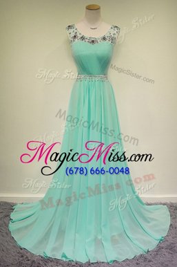 Cute Turquoise Chiffon Zipper Scoop Sleeveless With Train Prom Evening Gown Brush Train Beading