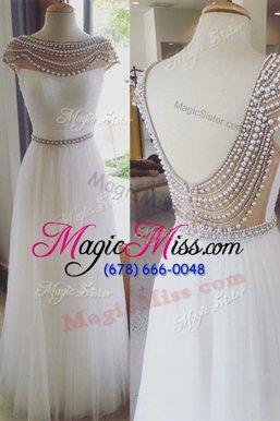 Discount Cap Sleeves Floor Length Beading Zipper Prom Dresses with White
