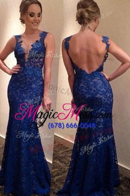 V-neck Sleeveless Prom Dress With Brush Train Lace Navy Blue Lace