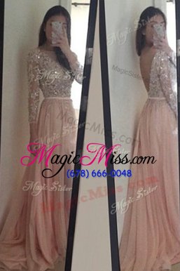 Fantastic Peach Scoop Neckline Beading and Ruching Evening Gowns 3|4 Length Sleeve Backless