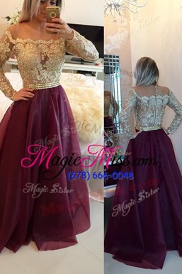 Perfect Scoop Organza Long Sleeves Floor Length Homecoming Dress and Beading and Appliques