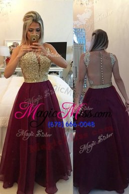 Dazzling Burgundy A-line V-neck Sleeveless Organza Zipper Beading and Appliques Prom Dresses