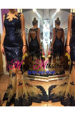 Hot Selling Sequins Scalloped Sleeveless Brush Train Backless Dress for Prom Navy Blue Organza and Sequined