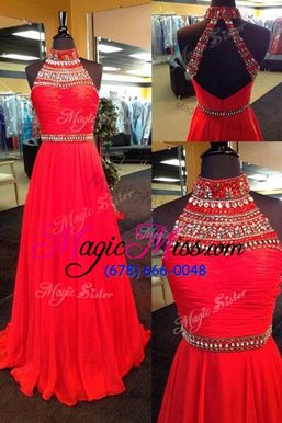 Shining Halter Top Red Sleeveless Beading Floor Length Prom Dresses