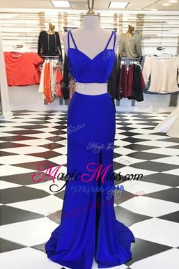 On Sale Royal Blue Prom Dress Prom and For with Ruching Scoop Sleeveless Sweep Train Zipper