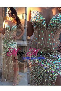 Pretty Champagne Sleeveless Brush Train Beading With Train Going Out Dresses